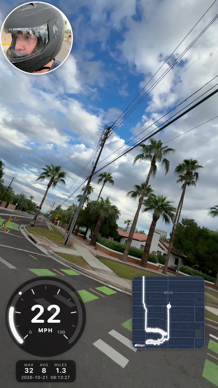 Frame from a morning EUC ride in Phoenix with the speedometer, route map, and selfie camera burned into the video